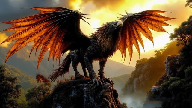 A majestic griffin with the body of a lion and the wings and head of an eagle stands on a rocky outcrop against a dramatic sunset, with mountainous landscapes and lush greenery in the background.