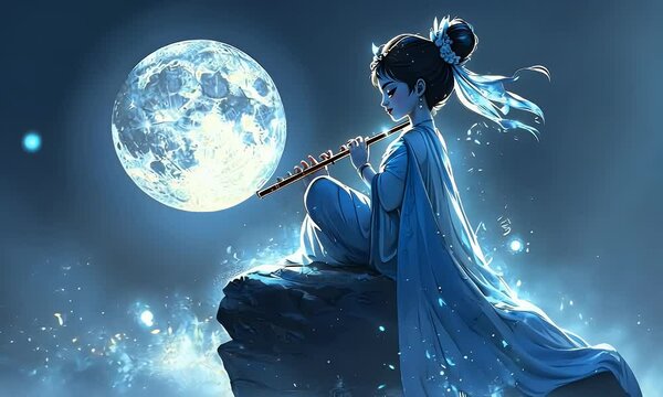 Moonlit maiden plays flute on clifftop, ethereal glow, fantasy art