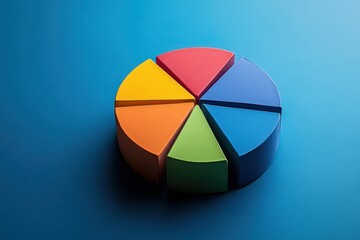 Obraz premium Colorful 3D pie chart segments on blue. Illustrates data division, market share, or allocation.