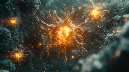 Fototapeta premium Microscopic view of glowing bacteria cells and viruses in a dark environment