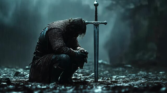 Kneeling warrior contemplates in misty forest with sword