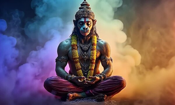 Muscular Hanuman meditating, colorful smoke, spiritual power, religious art
