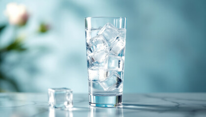 Refreshing Glass of Water with Ice Cubes