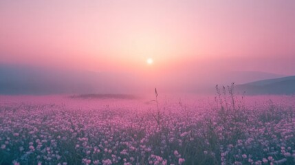 A Serene Sunrise Over a Field of Pink Flowers