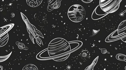 Black background with hand-drawn illustrations of planets, rockets, and stars in space