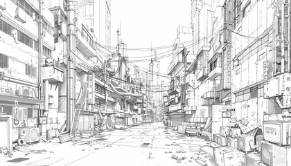 Obraz premium Detailed illustration of a futuristic urban street scene with high-tech buildings and debris