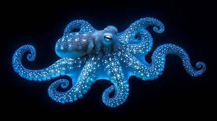 Obraz premium Glowing blue octopus on black background.
