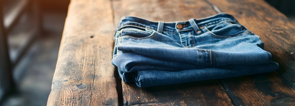 A pair of stylish denim shorts neatly folded on a clean, rustic wooden table with soft, natural light gently illuminating the fabric.