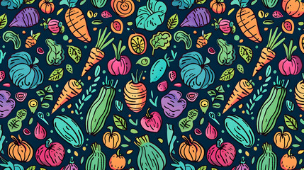 Vibrant illustration of assorted vegetables on a dark background, showcasing colorful carrots, leafy greens, and other produce, ideal for culinary themes
