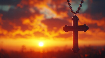 Silhouette of cross pendant against vibrant sunset sky