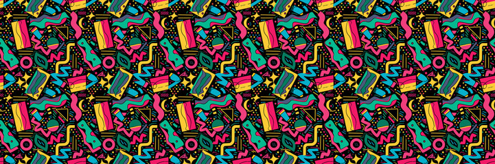 Obraz premium Seamless pattern with geometric shapes in the style. Multicolored vintage background with triangles, circles and squares for textile, fabric and Sudanese fabric art.