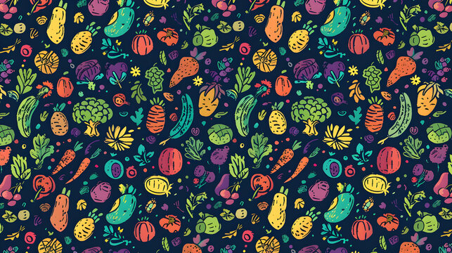 Colorful pattern of various vegetables and fruits on a dark background, ideal for food-related designs