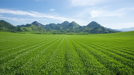 Fototapeta premium Lush green field, mountains background, sunny day, nature landscape, ideal for travel brochures