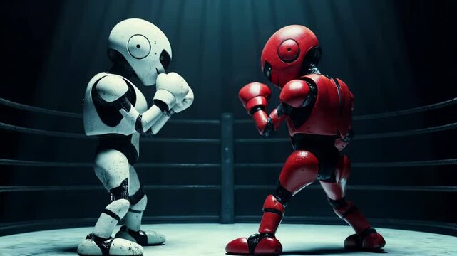 Two toy robots, white and red, in boxing stance on fighting ring, 3D animation render with dramatic lighting and cinematic atmosphere