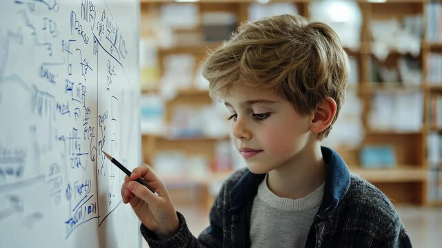 Young boy engaged in solving math problem on whiteboard in classroom setting