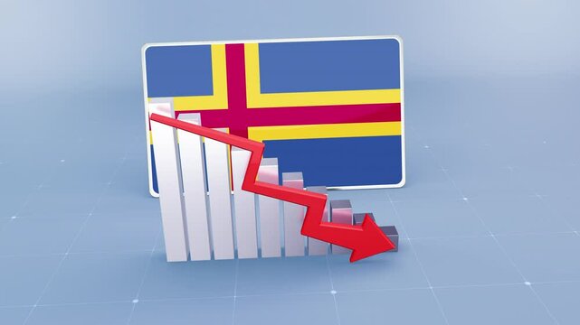 Aland country flag and bar chart graph showing decreasing values a red arrow economic crisis concept. Flag of Aland