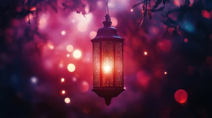 Ornate Ramadan Lantern with Mystical GlowDecorative Lantern with Candle and Bokeh Lights