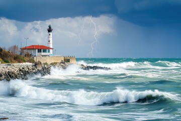 Stormy Sea with Lightning and Waves at Lighthouse