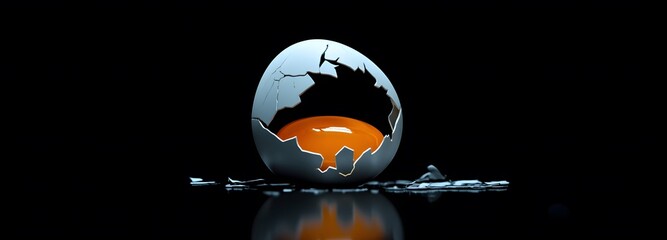 A cracked eggshell with the yolk and egg white spilling out, captured in high detail, isolated on a dark background for dramatic contrast