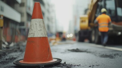 Traffic cone and construction site with male worker in orange vest