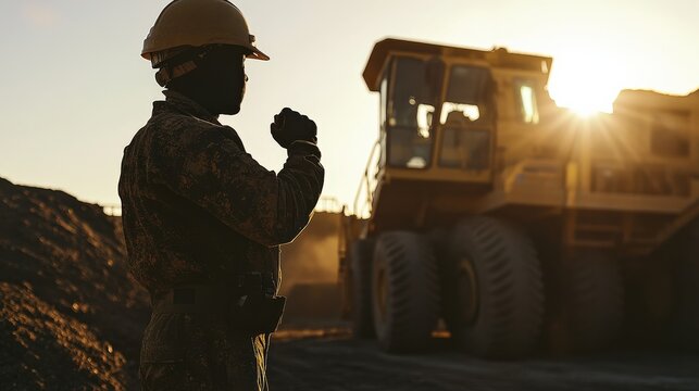Silhouette of a worker in a helmet overseeing heavy machinery at sunset on a construction site