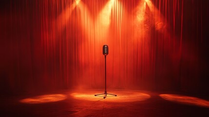 Vintage microphone on stage with red curtains and dramatic lighting