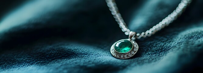Fototapeta premium A close-up of a delicate silver necklace with a vibrant emerald gemstone, resting on a velvet surface with soft, diffused lighting.