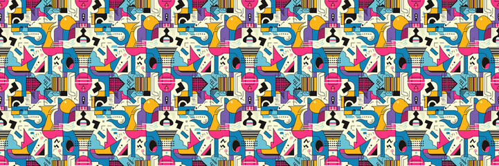 Seamless pattern with geometric shapes in the style. Multicolored vintage background with triangles, circles and squares for textile, fabric and Sudanese fabric art.