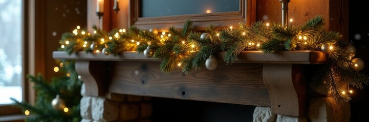 Golden and silver garland adorned on a wooden mantel amidst a rustic winter scene, rustic, mantel