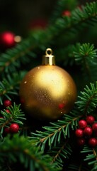 Fototapeta premium Golden ball nestled among lush sprigs of holly, ornament, red, green