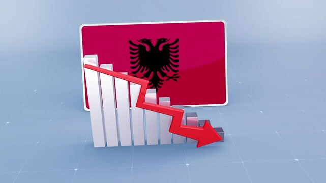 Albania country flag and bar chart graph showing decreasing values a red arrow economic crisis concept. Flag of Albania