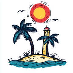 Obraz premium Tropical island lighthouse sunset sketch, ocean, birds