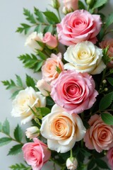 Pastel-colored roses and carnations intertwined with ferns, decoration, carnations, arrangement