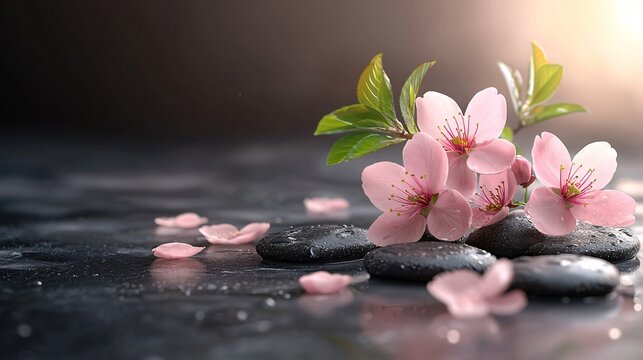 Serene spa scene pink blossoms, zen stones, water reflection