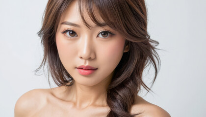 Fototapeta premium Portrait of a young woman with wavy brown hair and natural makeup against a white background