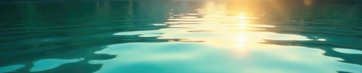 Peaceful teal water reflects the soft light of dawn, reflective, light