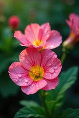 Fototapeta premium Petals of evening primrose flowers glisten with raindrops, blooming, greenery, water droplets