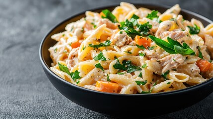 Creamy Chicken Pasta, close-up, dark background, food blog