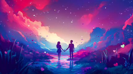 Fototapeta premium A couple standing hand in hand, surrounded by a vibrant, dreamlike landscape.