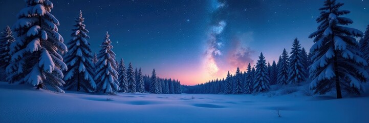 Fototapeta premium Snowy forest floor with twinkling stars above, Starry night sky, forest floor, nature