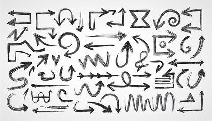 Arrow line hand drawn brush vector set. Grunge square, spiral, arrow element scribble line brush hand drawn sketch design. Grunge abstract chalk, crayon pencil style. Vector illustration