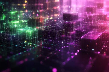 Glowing digital cubes in abstract neon space with vibrant colors