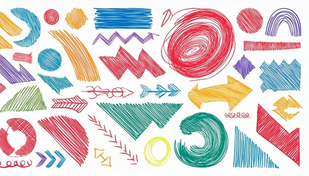 Brush line shape background abstract texture doodle set. Hand drawn sketch crayon scribble brush geometric shape color chalk effect background. Abstract arrow, circle, zigzag vector illustration