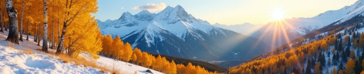 Fototapeta premium Snowy mountains with aspen trees golden in the sun, autumn, forest