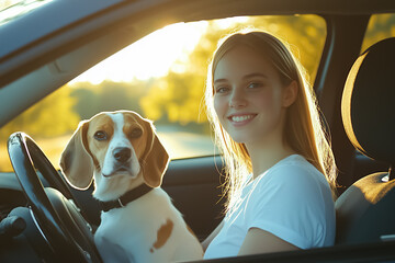 Woman and Her Beagle Dog Enjoy a Scenic Drive at Sunset