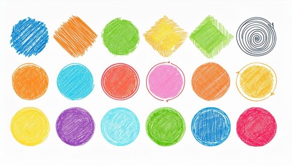 Crayon pencil color brush hand drawn chalk vector element set. Scribble pastel texture brush stroke kid square, spiral, arrow element hand drawn sketch design. Crayon pencil style. Vector illustration