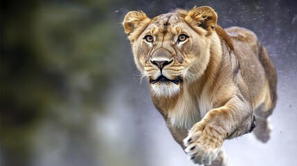 Fototapeta premium Majestic Lioness in Motion: A Breathtaking Wildlife Portrait