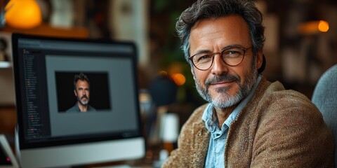 Fototapeta premium Mature caucasian male with glasses working at computer in home office