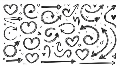 Line arrow hand drawn shape brush underline stroke element vector set. Hand drawn doodle sketch arrow, circle, star brush stroke scribble underline icon. Marker doodle heart vector illustration.