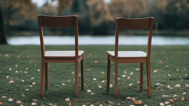 Two empty wooden chairs facing each other on a grassy lawn, overlooking a tranquil lake.  The autumnal setting adds a serene and contemplative mood.